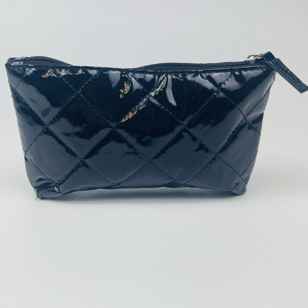 Black Quilted Cosmetic Makeup Bag Vinyl Unused 7x4x1.5"